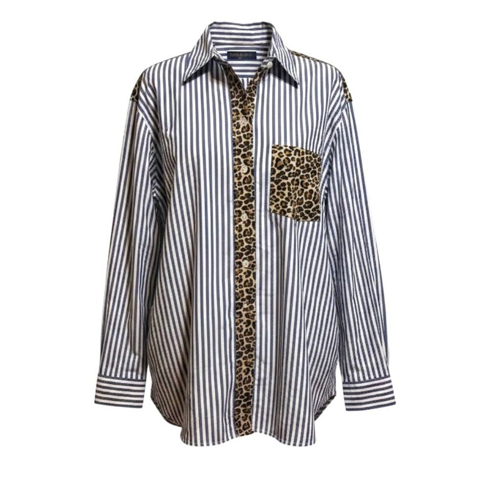NWT Boden Sadie Relaxed Button Up Shirt Women Sz 6 Blue Cotton Cheetah Pop Hotch